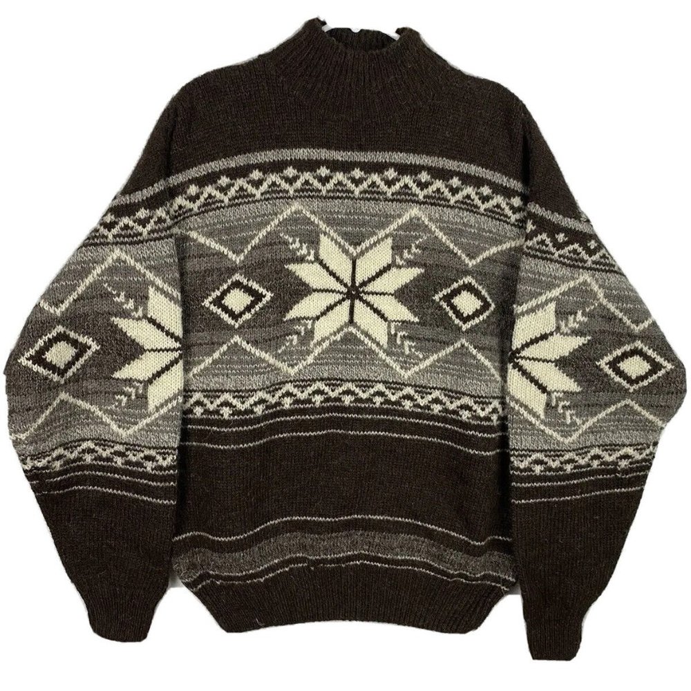 NWT VTG 90s NAUTICA Handknit Nordic Brown Wool Fair Isle Striped Sweater